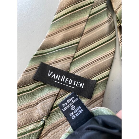 Van Heusen Hand-Made Silk Neck Tie Green Sage Brown Striped Design Business Wear - Picture 3 of 5